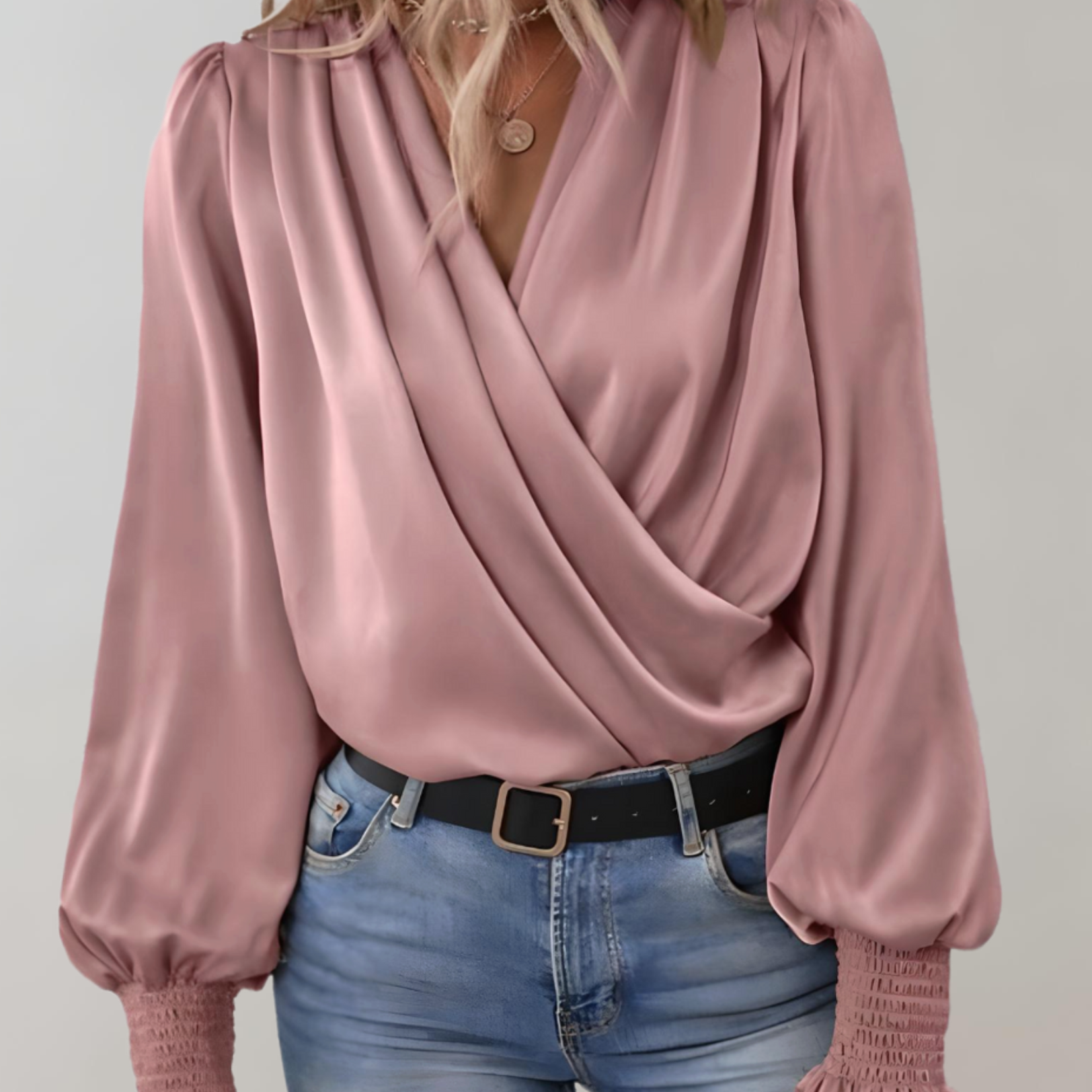 Women's V-neck Wrap Blouse - Flowing with Gathered Sleeves Top