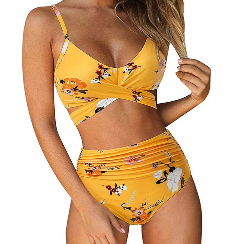 Damen 2-teiliger Bikini - Spaghetti-Träger-Top mit High-Waist-Hose