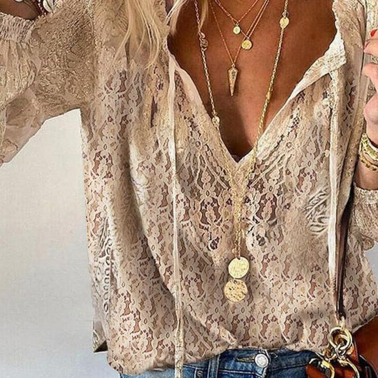 Damen V-Ausschnitt Bluse - Boho-Stil mit Ballonärmeln