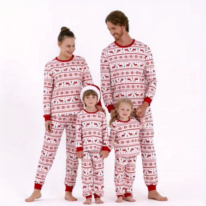 Pijama familiar navideño unisex rojo - patrón de renos y copos de nieve