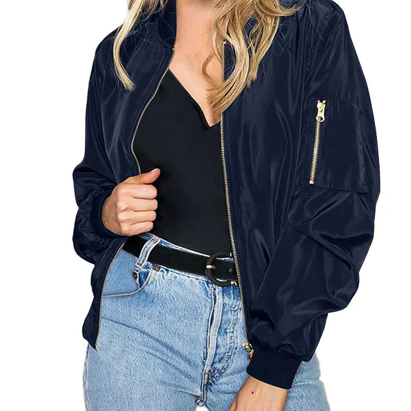 Women's Lightweight Bomber Jacket - Zipper & Sleeve Pocket