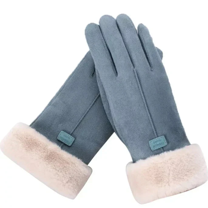 Women's winter gloves - smooth surface and fluffy cuff