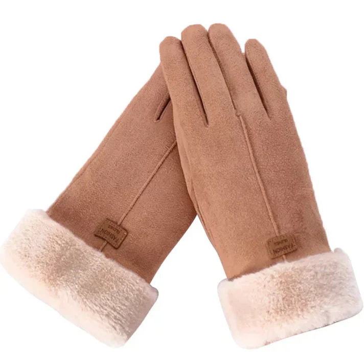 Women's winter gloves - smooth surface and fluffy cuff