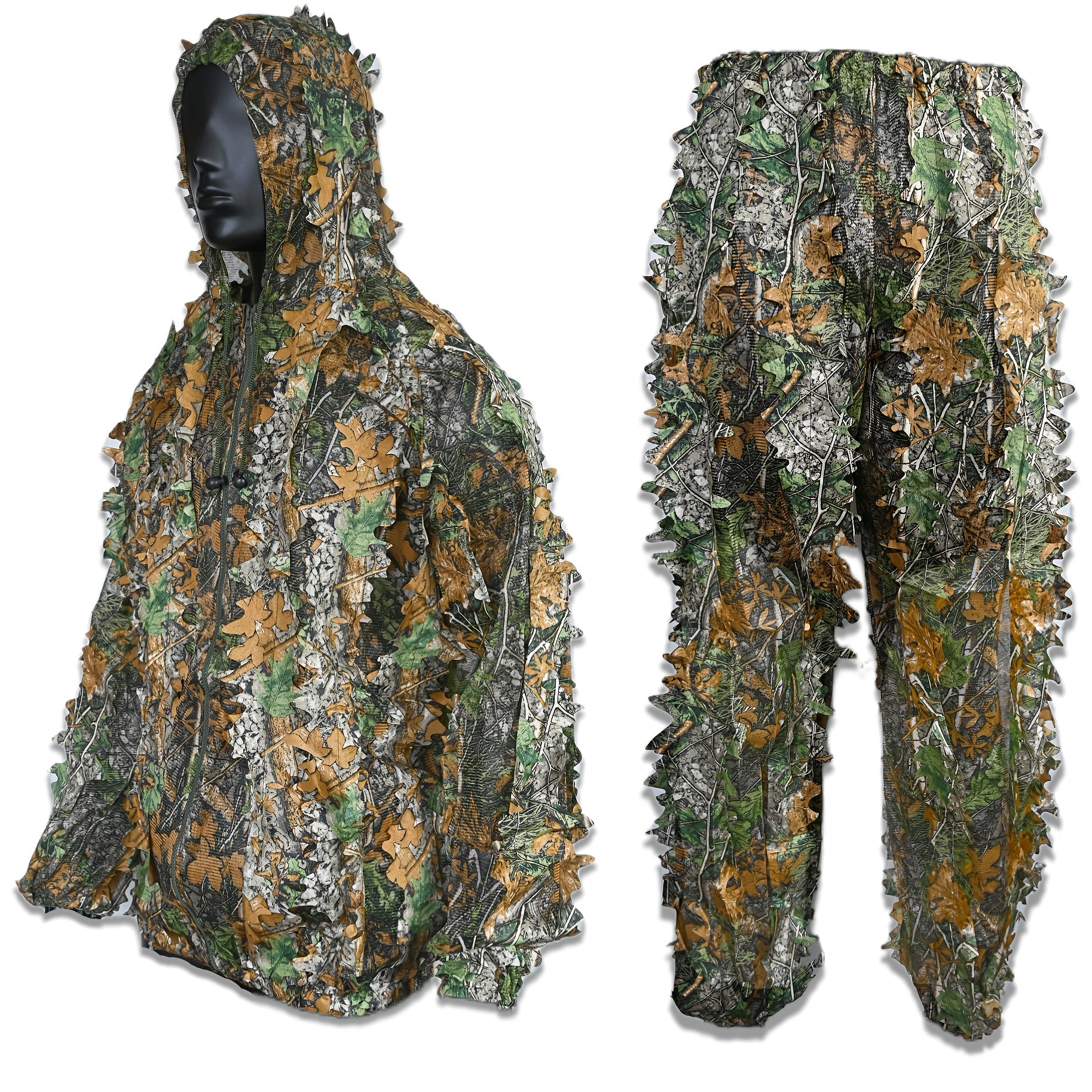 Conjunto de traje de camuflaje de hoja 3D unisex – Sudadera con capucha y pantalones Ghillie para caza