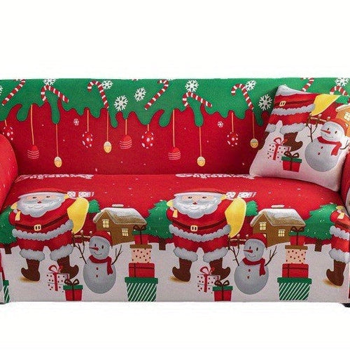 Funda para sofá de Navidad - Diseño de Papá Noel y Muñeco de Nieve