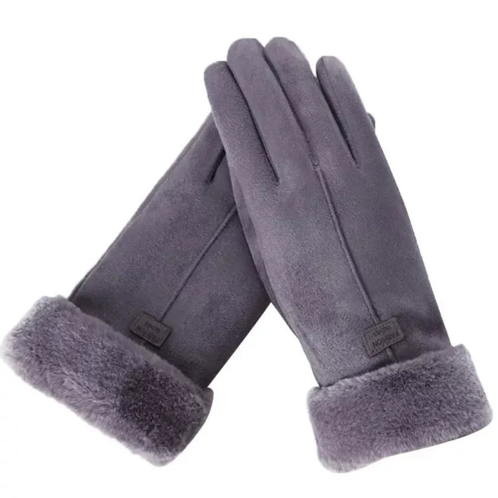 Women's winter gloves - smooth surface and fluffy cuff