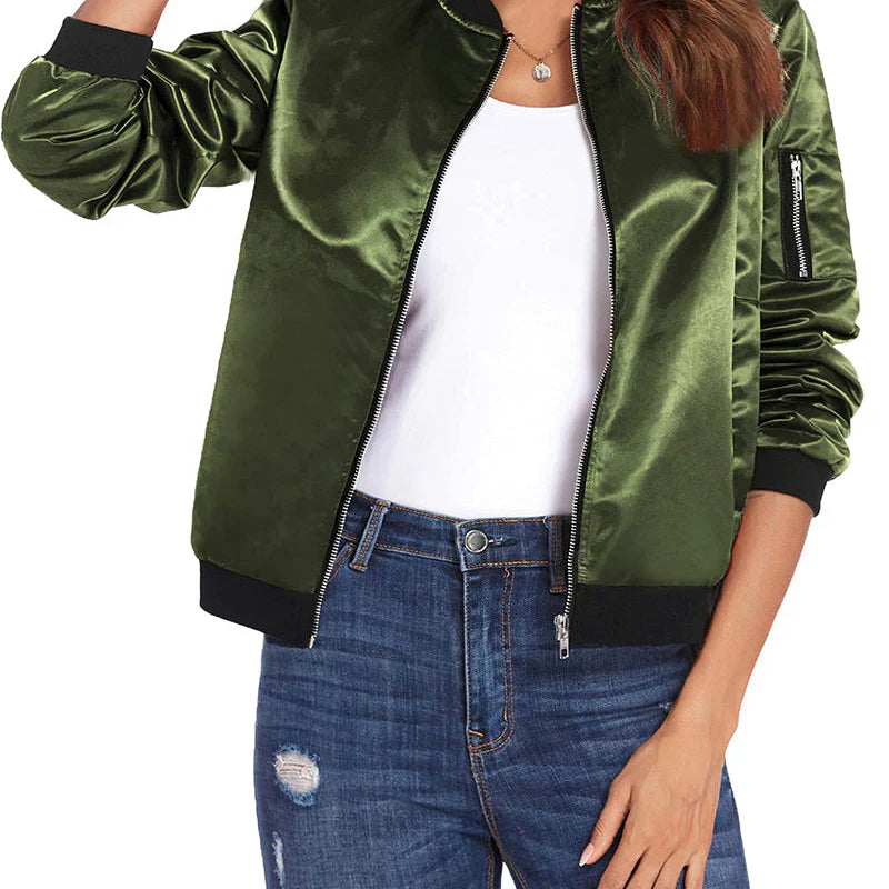 Women's Lightweight Bomber Jacket - Zipper & Sleeve Pocket