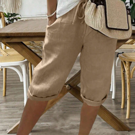 Damen Leinen-Shorts - Kordelzug-Taille mit umgeschlagenem Saum