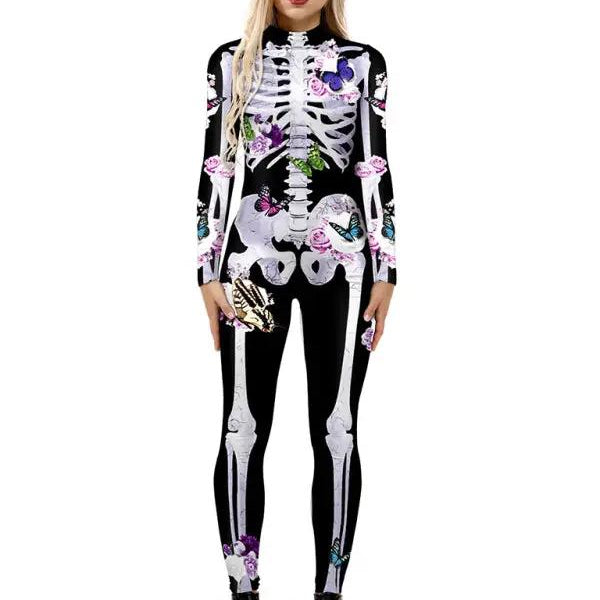 Damen Schwarz Halloween Skelett Bodysuit - Schmetterling Print und Stehkragen