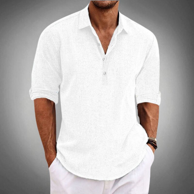 Men's Linen Shirt - Roll-Up Sleeves with Collar