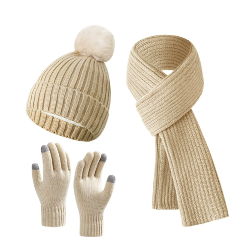 Women's 3-piece knit accessory set - hat, touchscreen gloves, and scarf