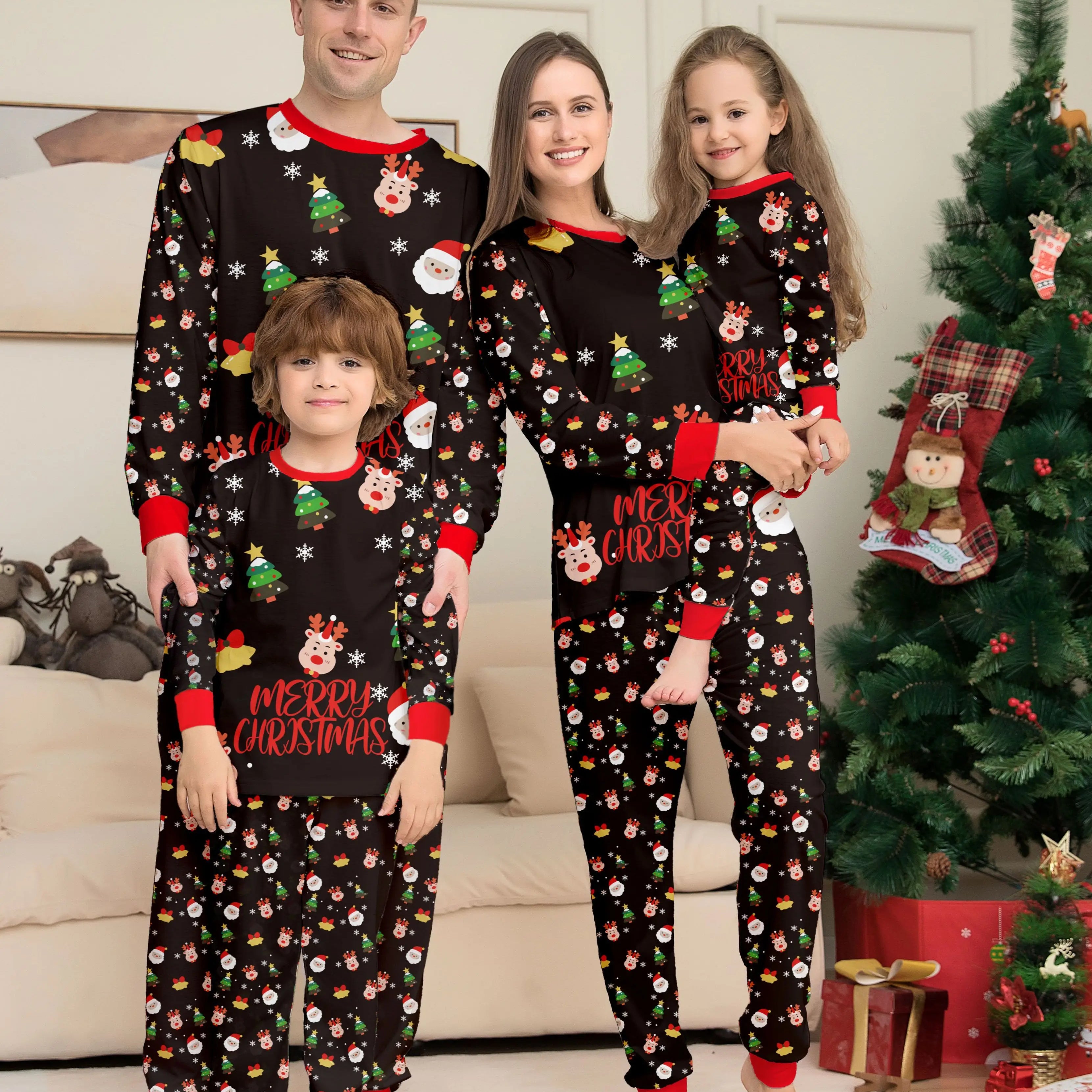 Unisex Schwarzes Familien Weihnachts-Pyjama-Set - Festtags-Motiv-Print