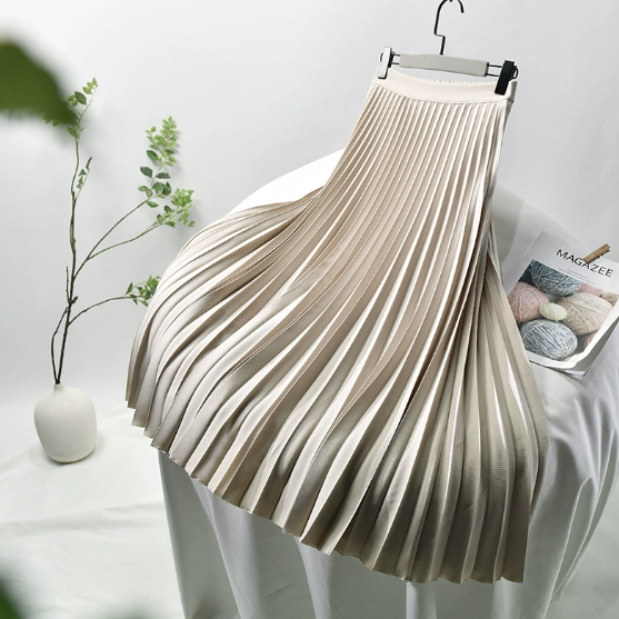 Damen Plissierter Midi Rock - Hochtailliert mit Elastischem Bund