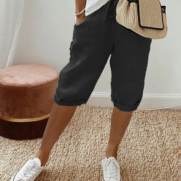 Damen Leinen-Shorts - Kordelzug-Taille mit umgeschlagenem Saum