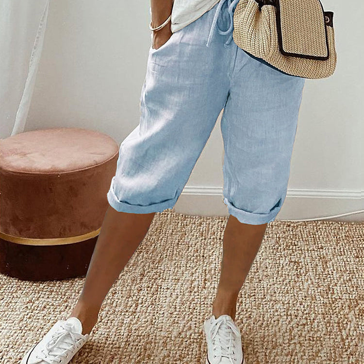 Damen Leinen-Shorts - Kordelzug-Taille mit umgeschlagenem Saum