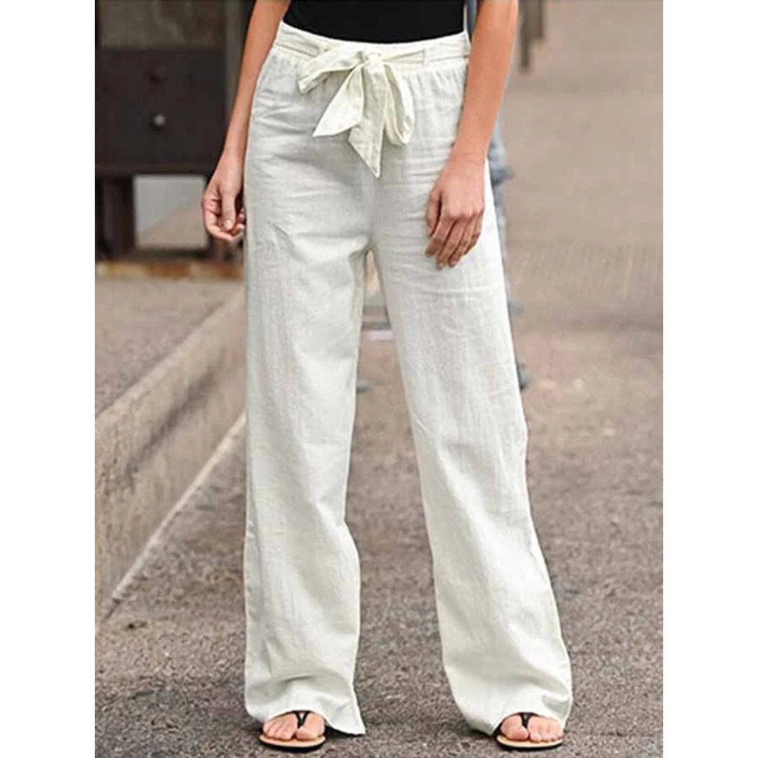 Damen Leinen Palazzo Hose mit weitem Bein Kordelzug und entspannte Passform