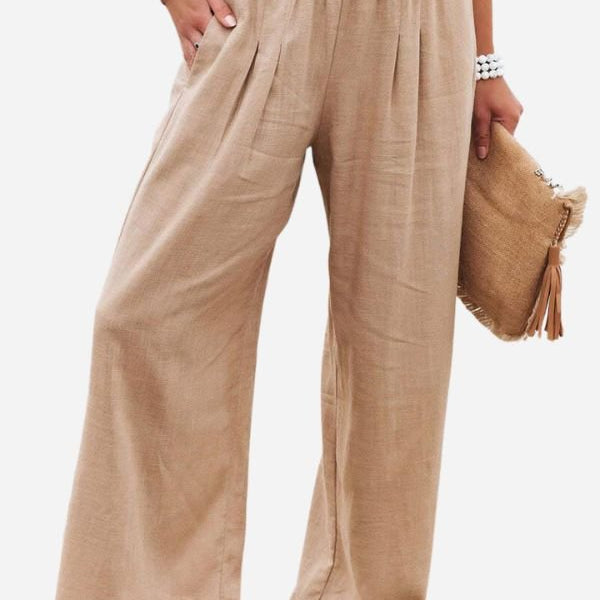 Damen Leinen Hose mit weitem Bein Hohe Taille und Gesmokter Bund