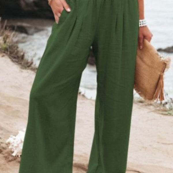 Damen Leinen Hose mit weitem Bein Hohe Taille und Gesmokter Bund