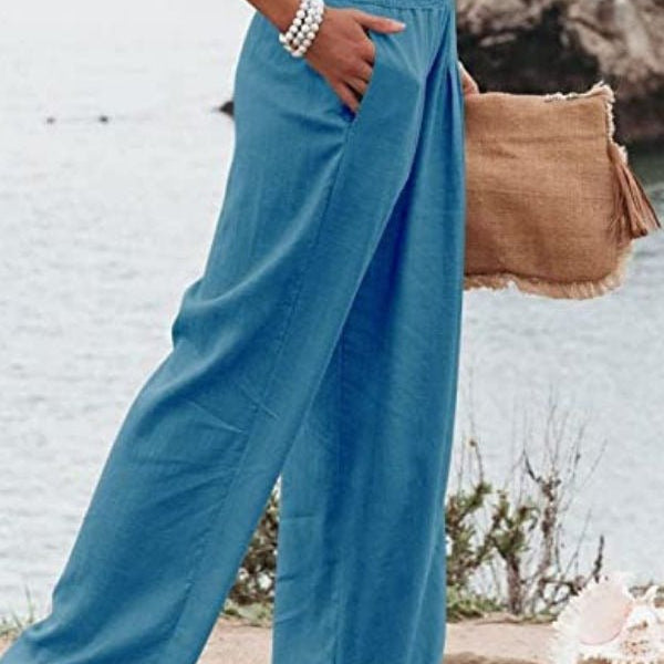 Damen Leinen Hose mit weitem Bein Hohe Taille und Gesmokter Bund