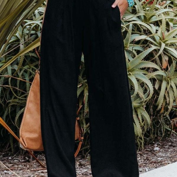 Damen Leinen Hose mit weitem Bein Hohe Taille und Gesmokter Bund