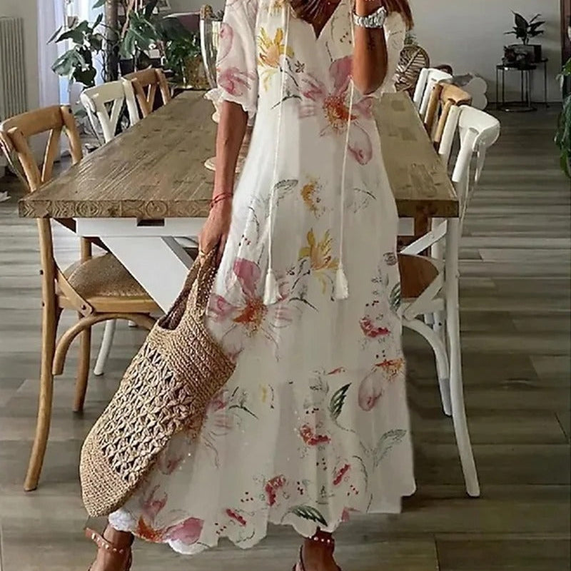 Damen Maxikleid mit Print - Ausgestellter Rock mit 3/4-Ärmeln