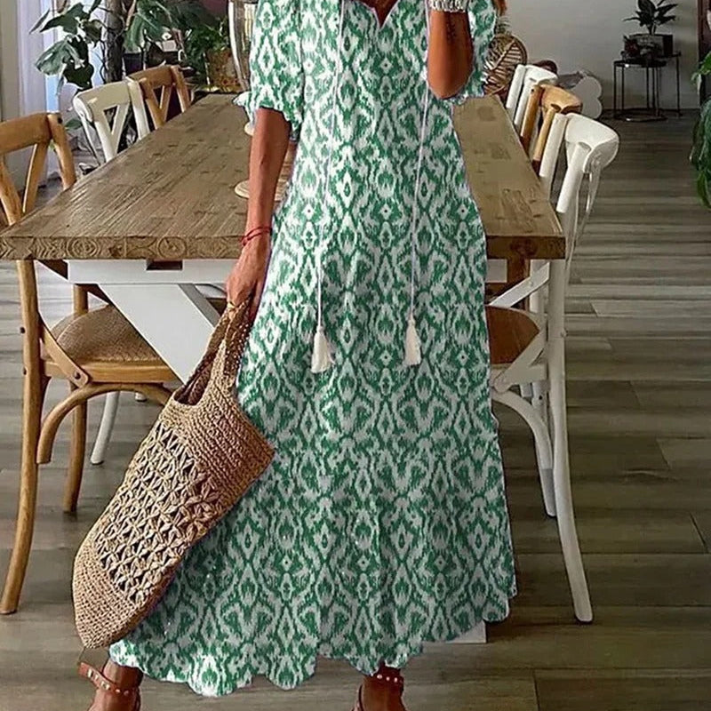 Damen Maxikleid mit Print - Ausgestellter Rock mit 3/4-Ärmeln