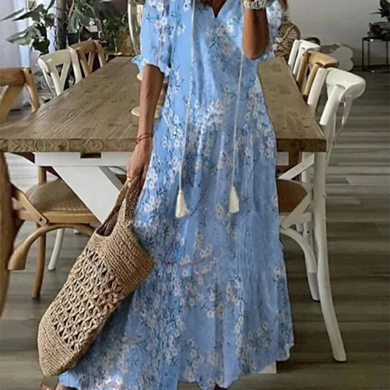 Damen Maxikleid mit Print - Ausgestellter Rock mit 3/4-Ärmeln