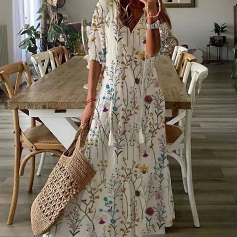 Damen Maxikleid mit Print - Ausgestellter Rock mit 3/4-Ärmeln