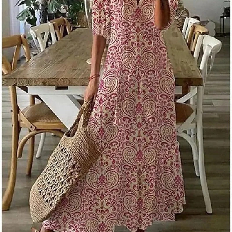 Damen Maxikleid mit Print - Ausgestellter Rock mit 3/4-Ärmeln
