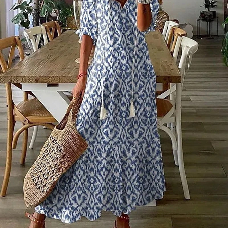 Damen Maxikleid mit Print - Ausgestellter Rock mit 3/4-Ärmeln