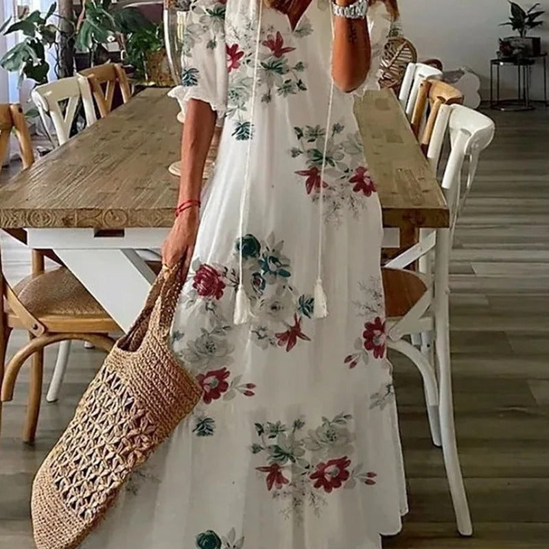 Damen Maxikleid mit Print - Ausgestellter Rock mit 3/4-Ärmeln
