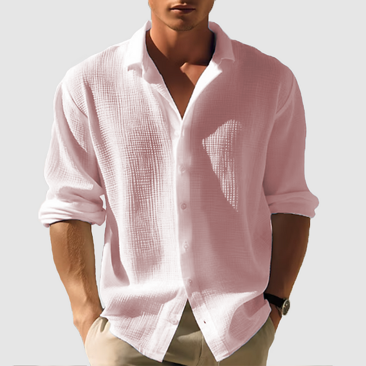 Men's Textured Linen Shirt - Relaxed Fit with Long Sleeve