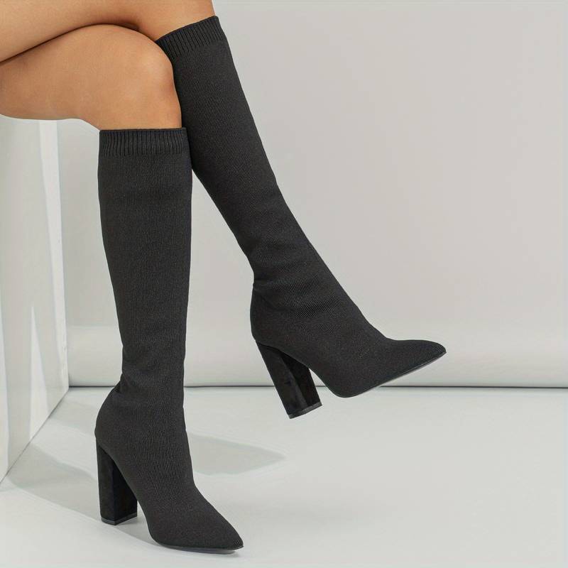 Women's Knee-High Sock Boots - Stretch Knit & Block Heel