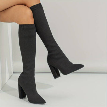 Women's Knee-High Sock Boots - Stretch Knit & Block Heel