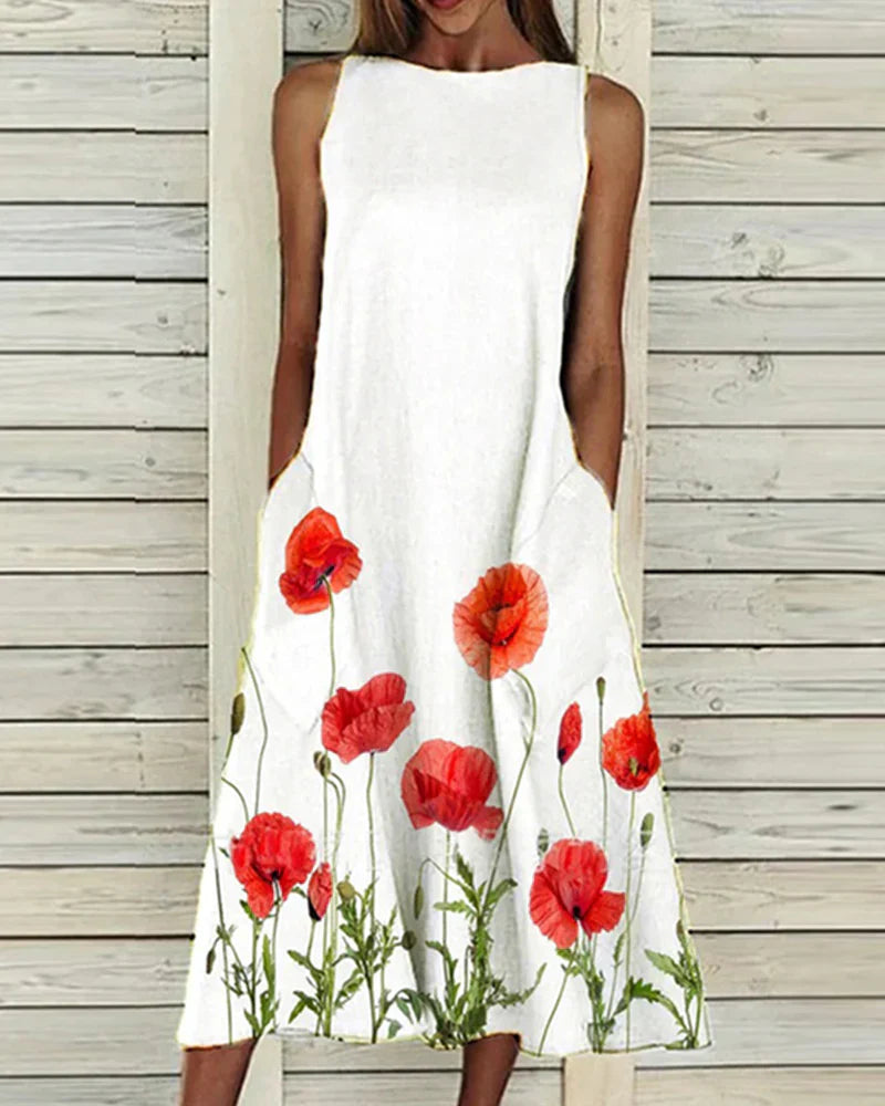 Women's Floral Midi Dress - Sleeveless & Relaxed Fit
