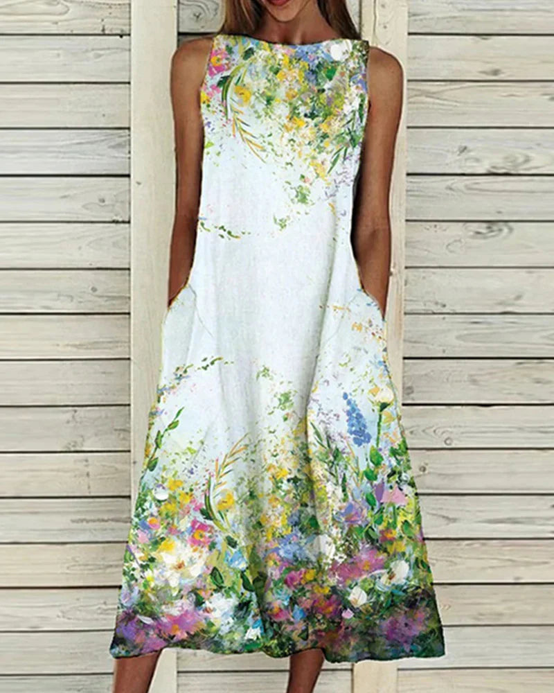 Women's Floral Midi Dress - Sleeveless & Relaxed Fit