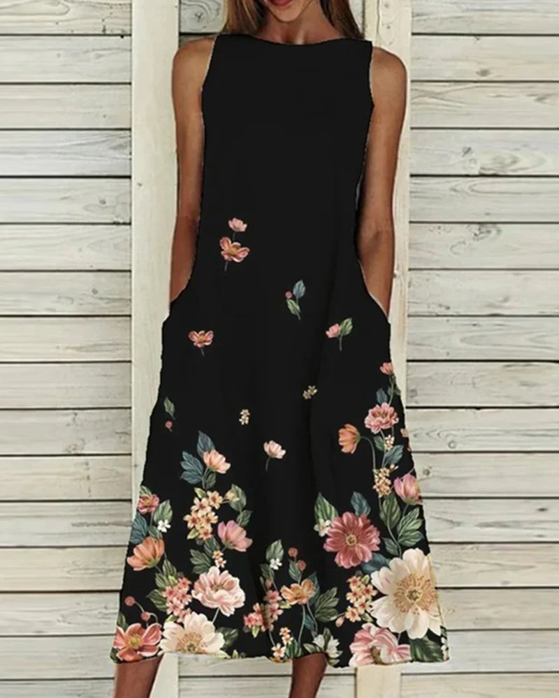 Women's Floral Midi Dress - Sleeveless & Relaxed Fit