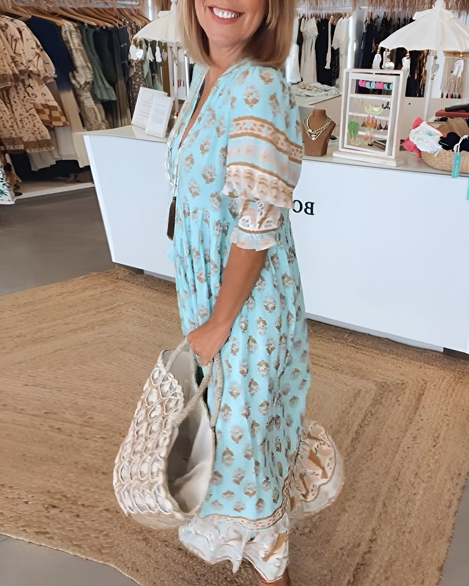 Damen Maxi-Blumenkleid - V-Ausschnitt mit 3/4 gesmokten Ärmeln