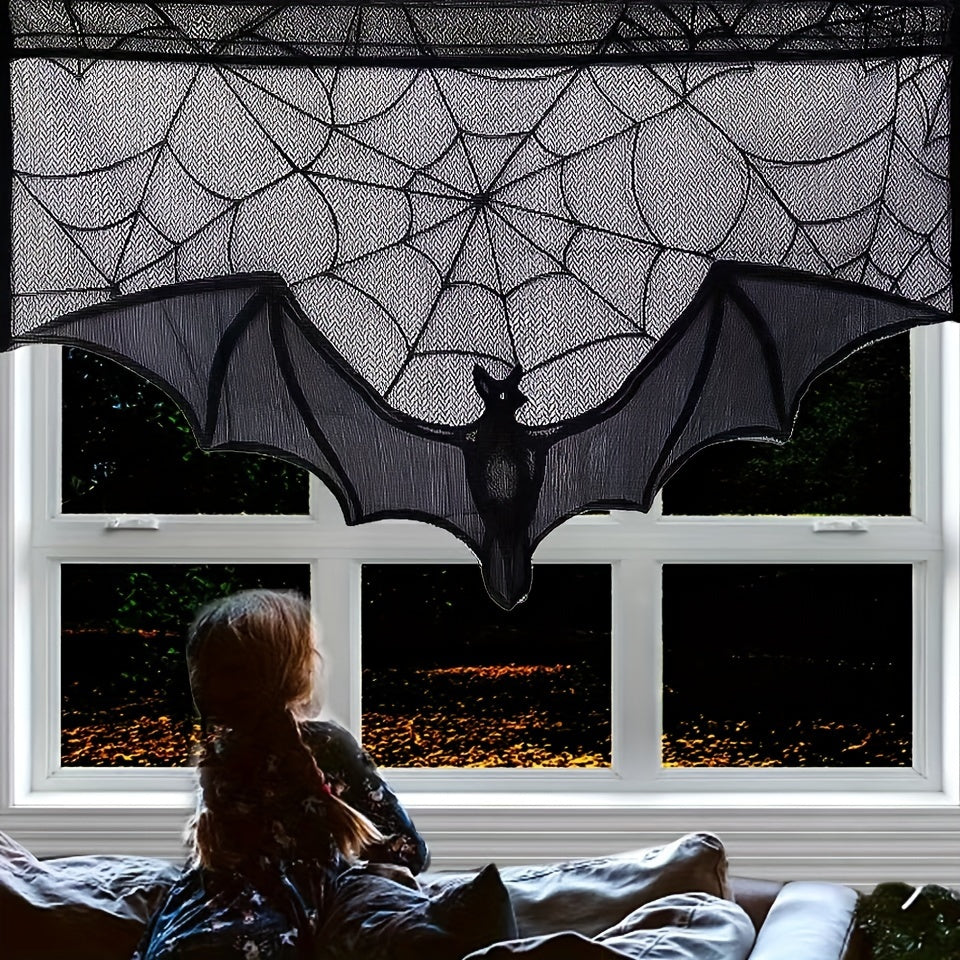 Schwarz Halloween Fledermaus Spinnennetz Gardine - Wiederverwendbar für Fenster