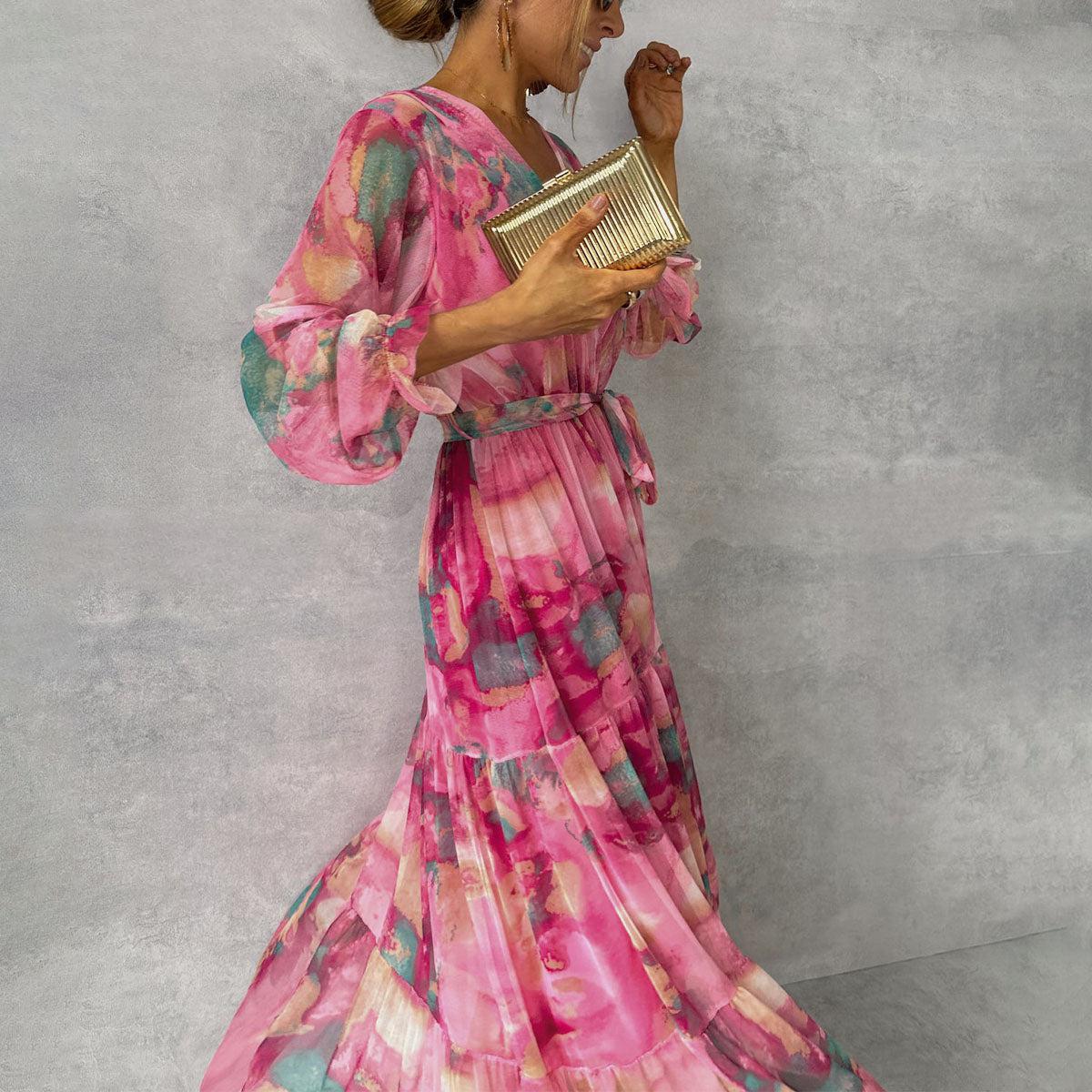 Women's Long Dress in Pink - Wrap Style with Floral Pattern