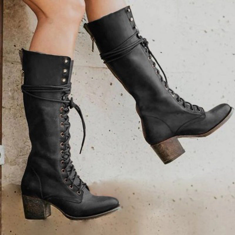 Damen Kniehohe Schnürstiefel - Chunky-Absatz & Reißverschluss hinten