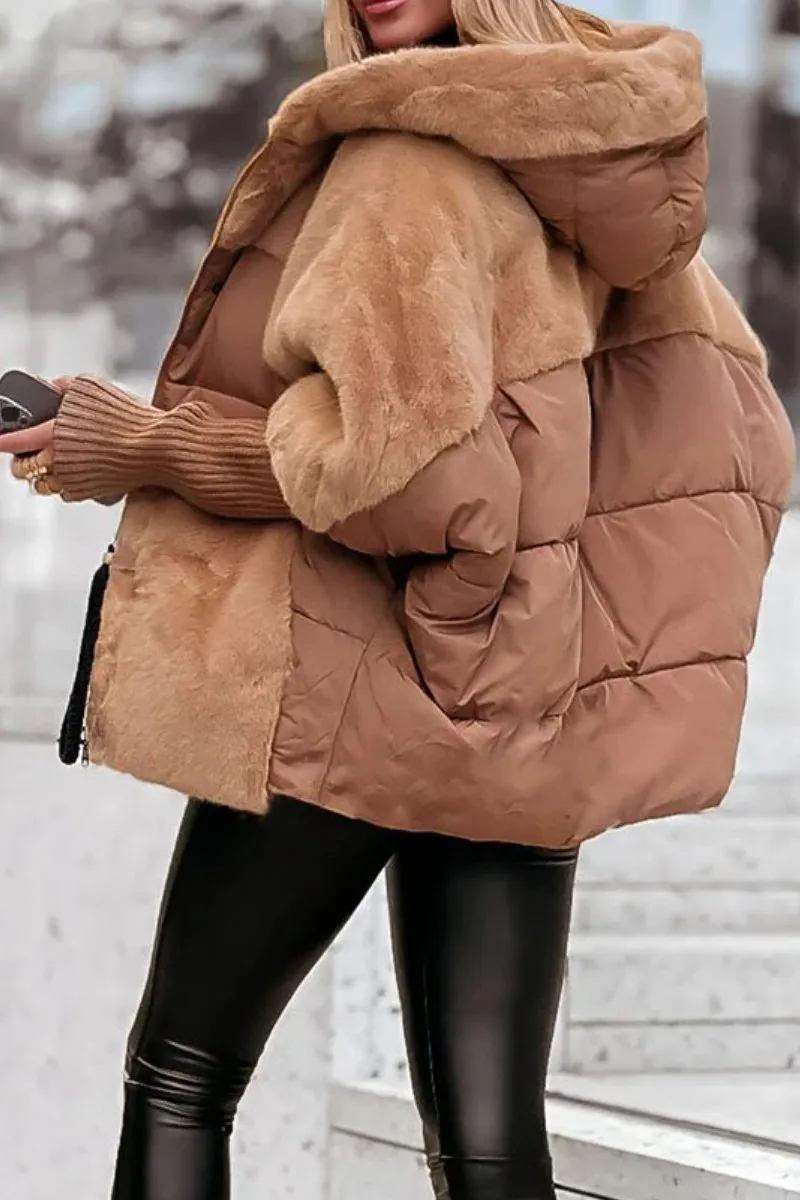 Damen Flauschige Steppjacke - Gerippte Ärmel mit Kapuze