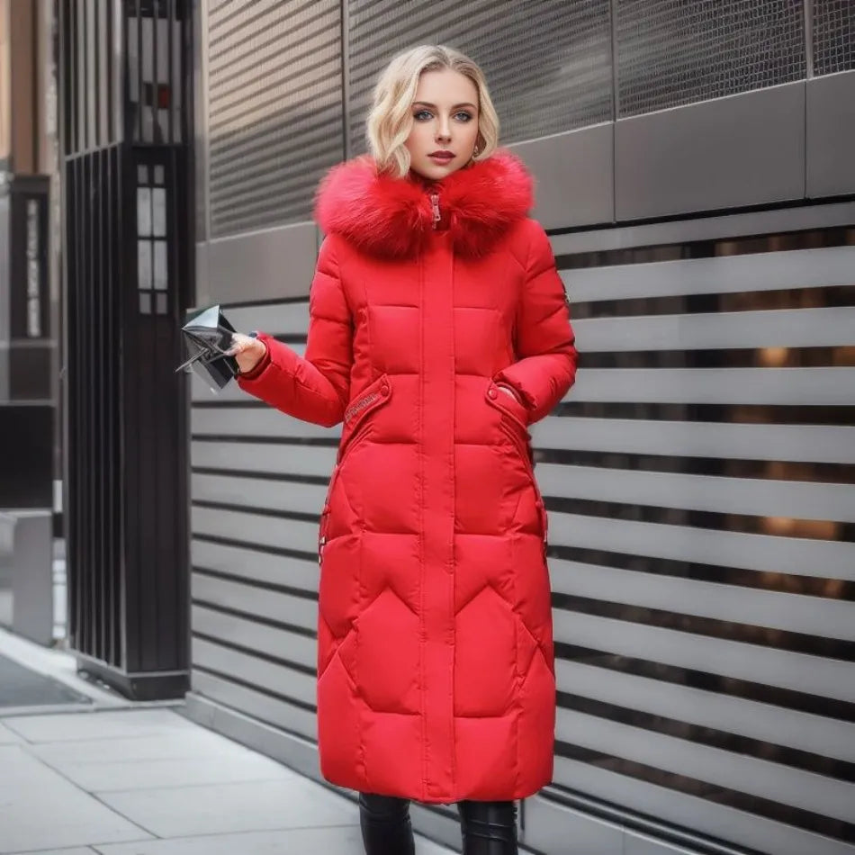 Women's Maxi Quilted Coat - With Fluffy Hood Trim