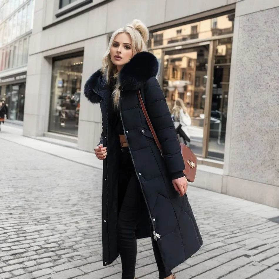 Women's Maxi Quilted Coat - With Fluffy Hood Trim
