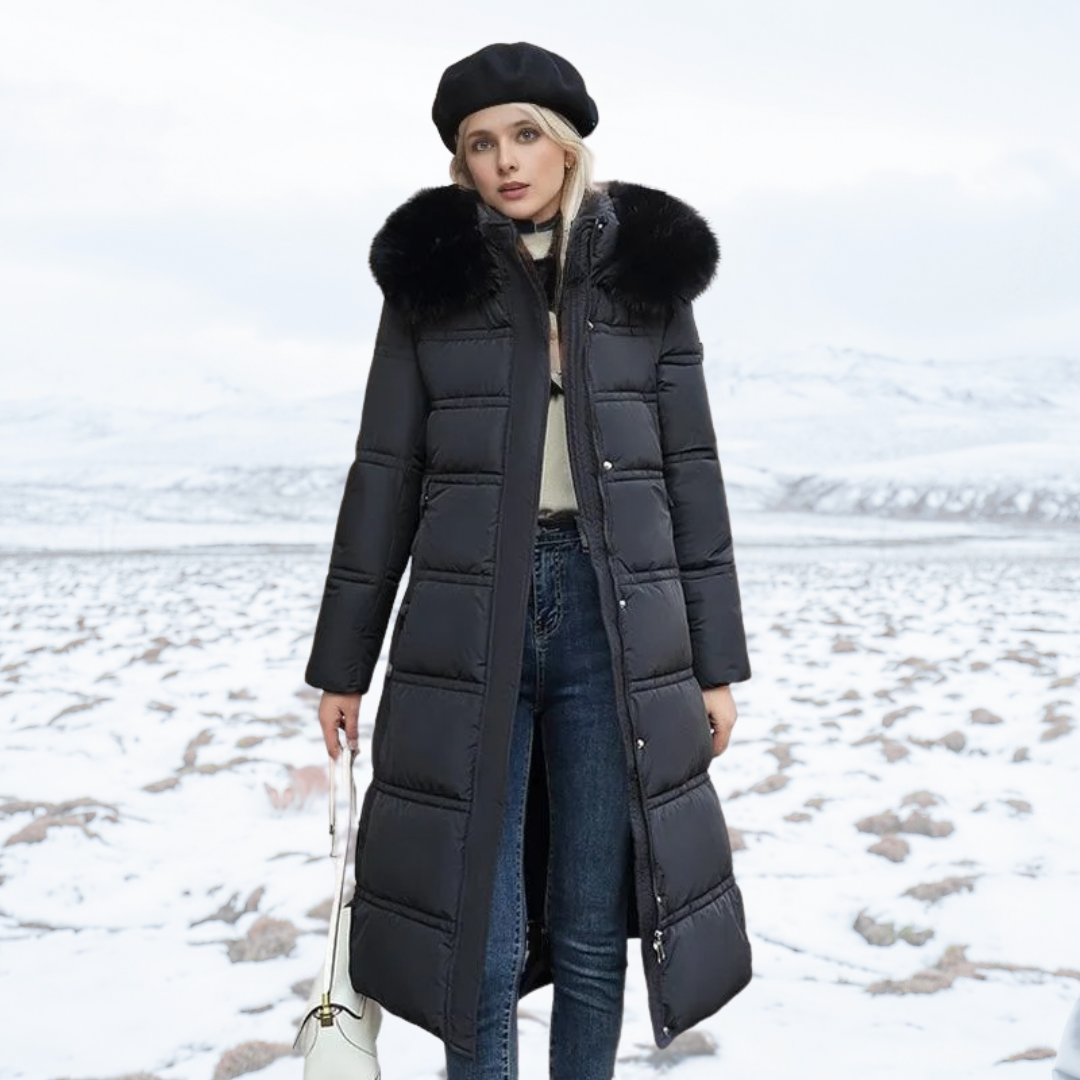 Damen Maxi Steppmantel - Gürtel mit Flauschigem Kragen