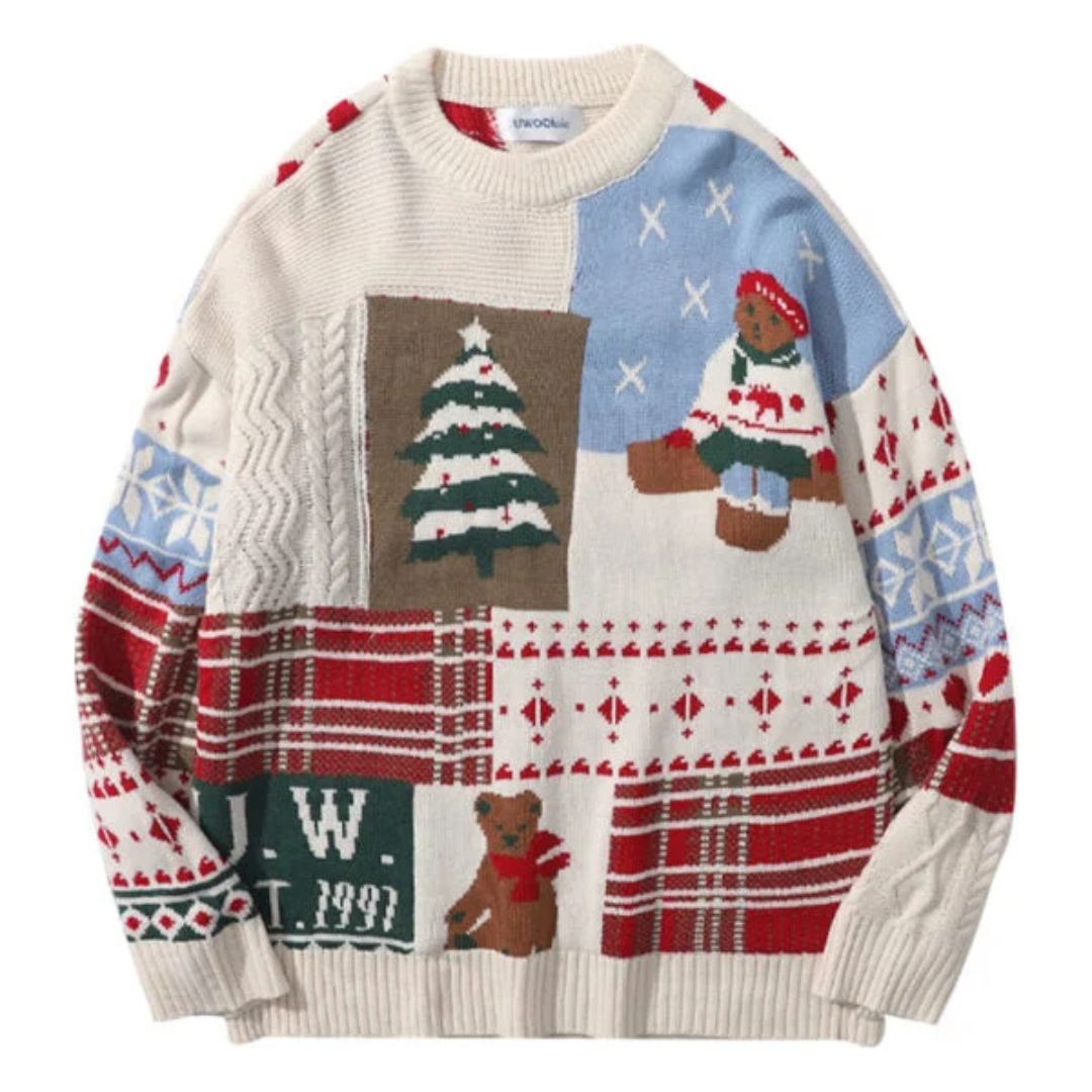 Unisex Gestrickter Weihnachtspullover - Teddybär & Baum Patchwork-Farbblock