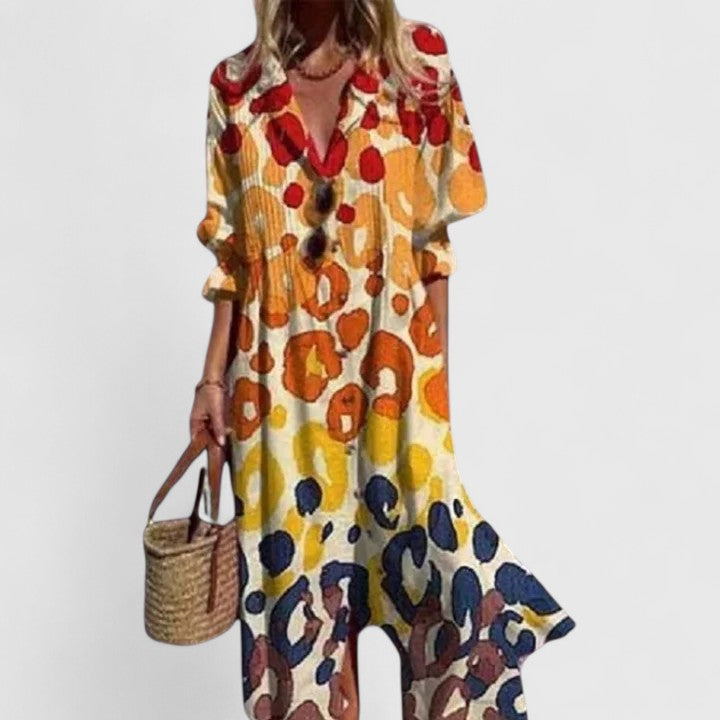 Women's Printed Midi Dress Lapel Collar and Button-Down Fastening