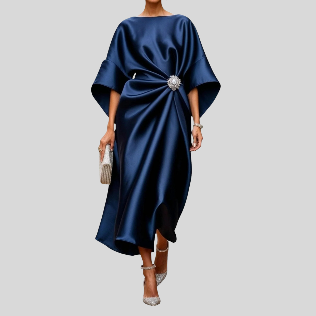 Damen Drapiertes Midikleid - Fledermausärmel mit Kristallbrosche