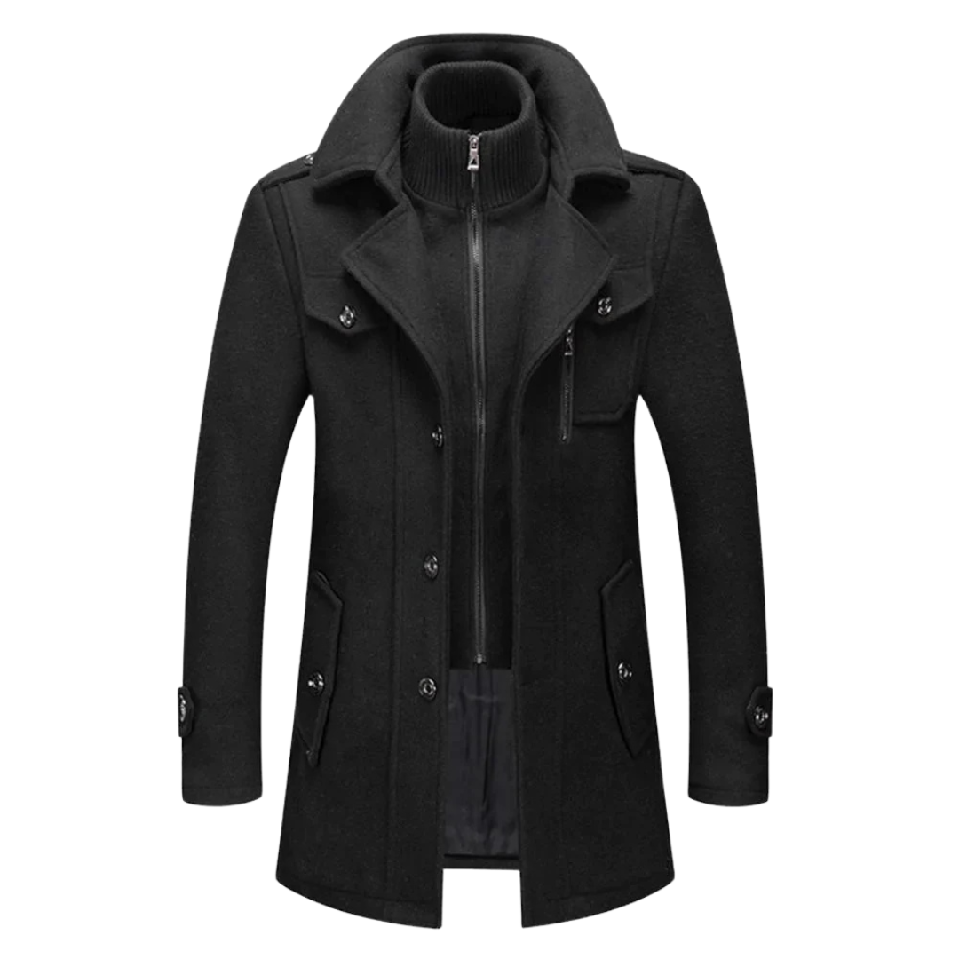 Men's Black Double Collar Winter Coat - With Zipper and Buttons