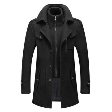 Men's Black Double Collar Winter Coat - With Zipper and Buttons